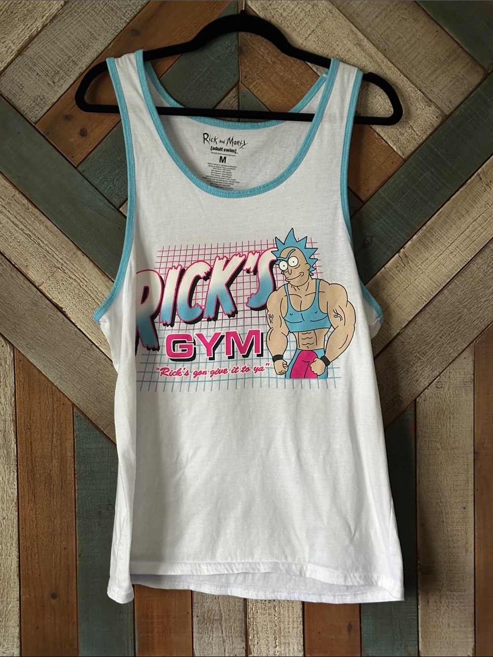 'Rick's Gym' White Tank with Aqua Trim
